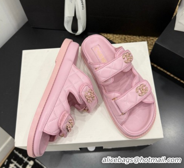 Hot Style Chanel Lambskin Leather Strap Flat Slides Sandal with Chain CC CH030614 Light Pink 2026