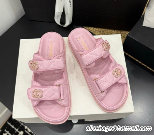Hot Style Chanel Lambskin Leather Strap Flat Slides Sandal with Chain CC CH030614 Light Pink 2026