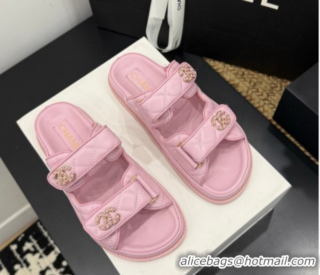 Hot Style Chanel Lambskin Leather Strap Flat Slides Sandal with Chain CC CH030614 Light Pink 2026