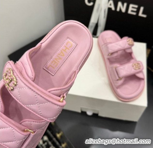 Hot Style Chanel Lambskin Leather Strap Flat Slides Sandal with Chain CC CH030614 Light Pink 2026
