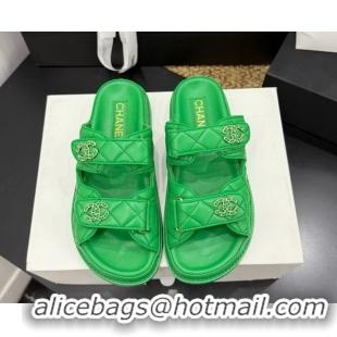 Fashion Chanel Lambskin Leather Strap Flat Slides Sandal with Chain CC CH030614 Green 2026