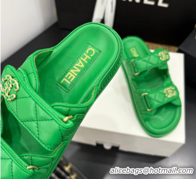 Fashion Chanel Lambskin Leather Strap Flat Slides Sandal with Chain CC CH030614 Green 2026