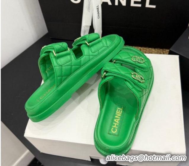 Fashion Chanel Lambskin Leather Strap Flat Slides Sandal with Chain CC CH030614 Green 2026