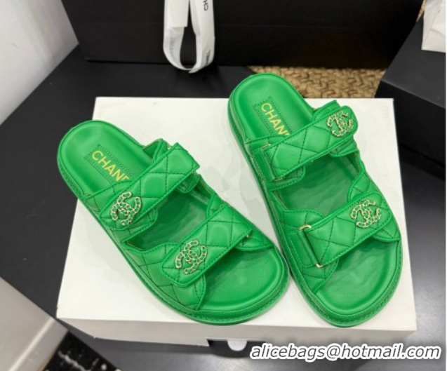 Fashion Chanel Lambskin Leather Strap Flat Slides Sandal with Chain CC CH030614 Green 2026