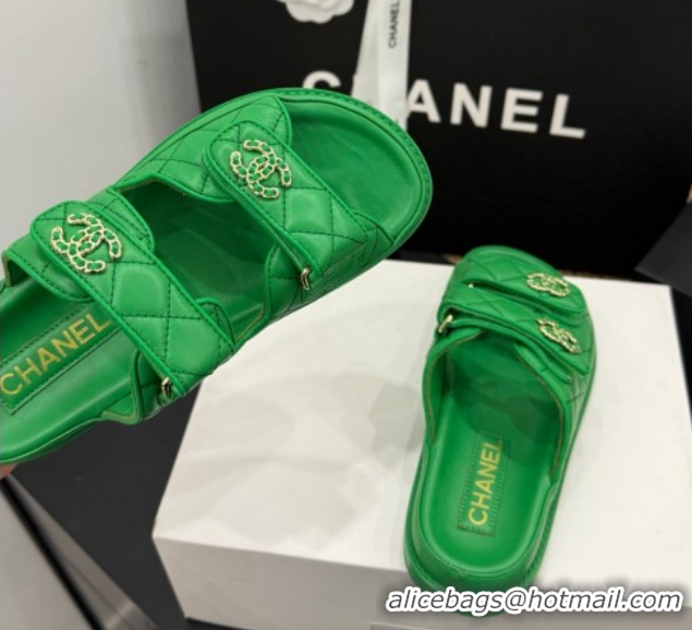 Fashion Chanel Lambskin Leather Strap Flat Slides Sandal with Chain CC CH030614 Green 2026