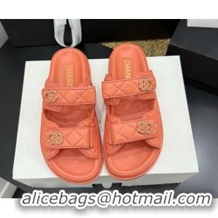 Grade Style Chanel Lambskin Leather Strap Flat Slides Sandal with Chain CC CH030614 Orange 2026