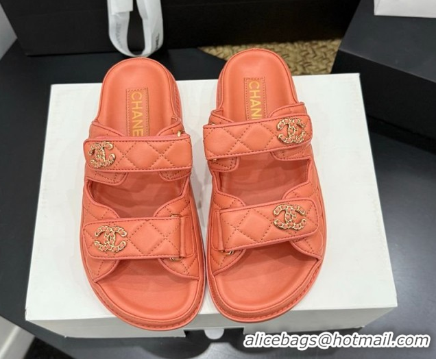 Grade Style Chanel Lambskin Leather Strap Flat Slides Sandal with Chain CC CH030614 Orange 2026