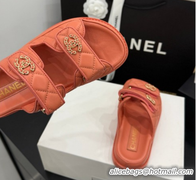 Grade Style Chanel Lambskin Leather Strap Flat Slides Sandal with Chain CC CH030614 Orange 2026