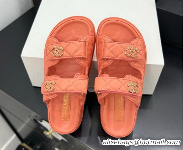 Grade Style Chanel Lambskin Leather Strap Flat Slides Sandal with Chain CC CH030614 Orange 2026
