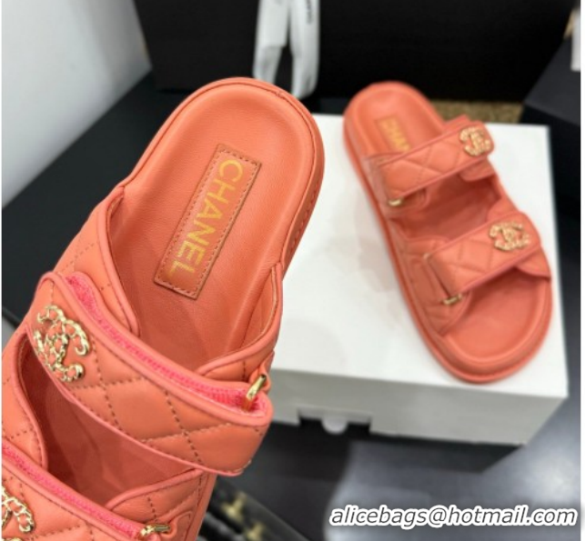 Grade Style Chanel Lambskin Leather Strap Flat Slides Sandal with Chain CC CH030614 Orange 2026