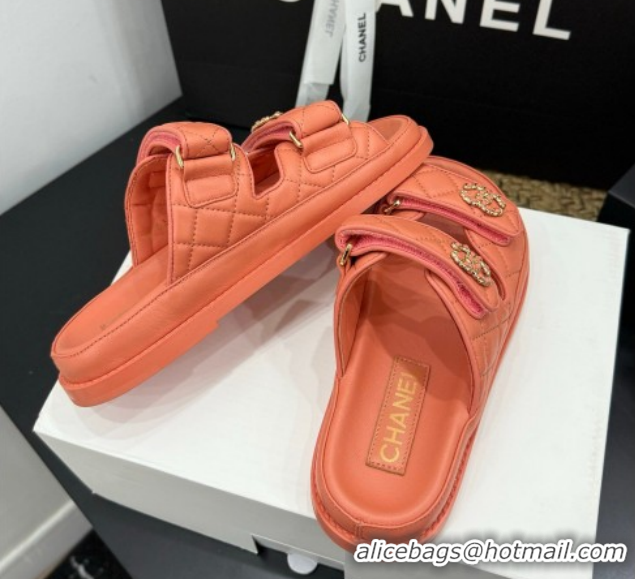 Grade Style Chanel Lambskin Leather Strap Flat Slides Sandal with Chain CC CH030614 Orange 2026