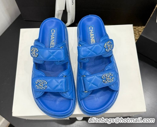 Stylish Chanel Lambskin Leather Strap Flat Slides Sandal with Chain CC CH030614 Sky Blue 2026