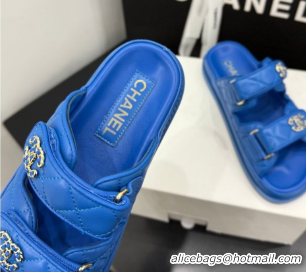 Stylish Chanel Lambskin Leather Strap Flat Slides Sandal with Chain CC CH030614 Sky Blue 2026