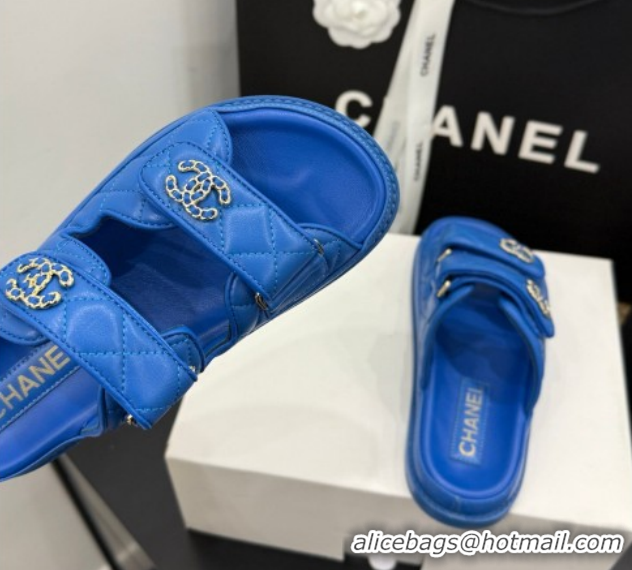 Stylish Chanel Lambskin Leather Strap Flat Slides Sandal with Chain CC CH030614 Sky Blue 2026