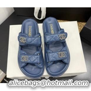 Low Cost Chanel Lambskin Leather Strap Flat Slides Sandal with Chain CC CH030614 Dark Blue 2026