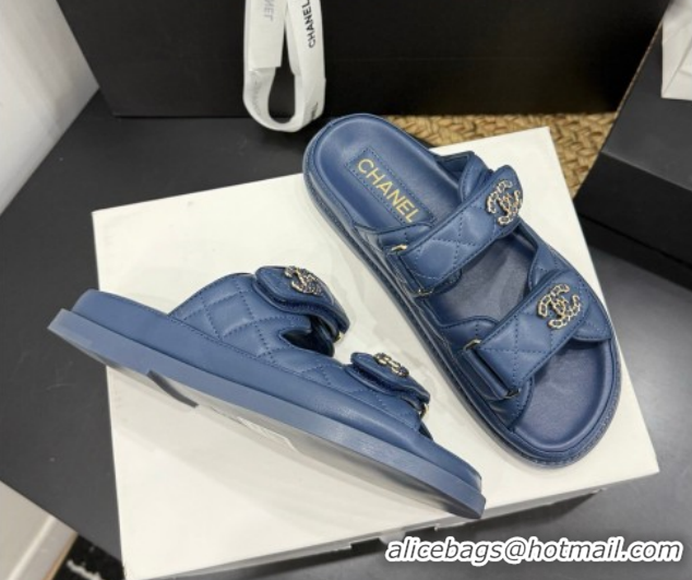 Low Cost Chanel Lambskin Leather Strap Flat Slides Sandal with Chain CC CH030614 Dark Blue 2026