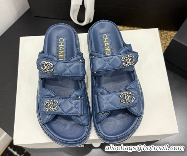 Low Cost Chanel Lambskin Leather Strap Flat Slides Sandal with Chain CC CH030614 Dark Blue 2026