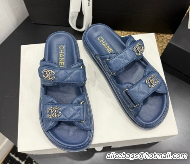 Low Cost Chanel Lambskin Leather Strap Flat Slides Sandal with Chain CC CH030614 Dark Blue 2026
