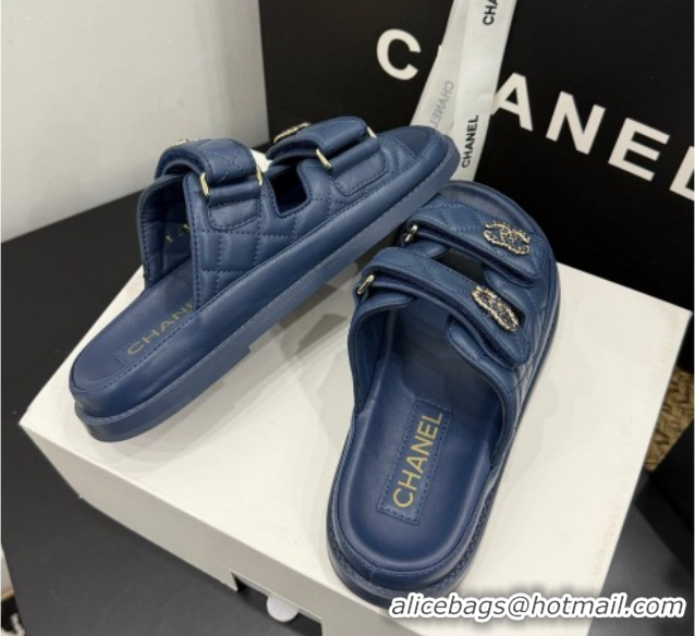 Low Cost Chanel Lambskin Leather Strap Flat Slides Sandal with Chain CC CH030614 Dark Blue 2026