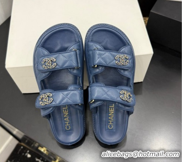 Low Cost Chanel Lambskin Leather Strap Flat Slides Sandal with Chain CC CH030614 Dark Blue 2026