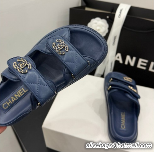 Low Cost Chanel Lambskin Leather Strap Flat Slides Sandal with Chain CC CH030614 Dark Blue 2026