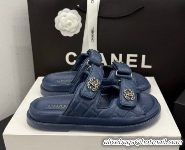 Low Cost Chanel Lambskin Leather Strap Flat Slides Sandal with Chain CC CH030614 Dark Blue 2026