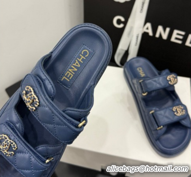 Low Cost Chanel Lambskin Leather Strap Flat Slides Sandal with Chain CC CH030614 Dark Blue 2026