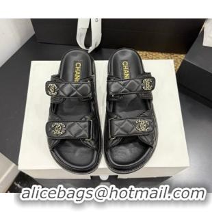 Low Price Chanel Lambskin Leather Strap Flat Slides Sandal with Chain CC CH030614 Black 2026