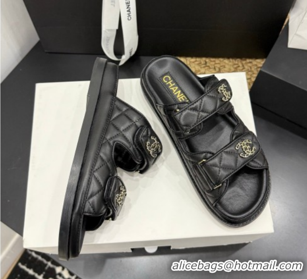 Low Price Chanel Lambskin Leather Strap Flat Slides Sandal with Chain CC CH030614 Black 2026