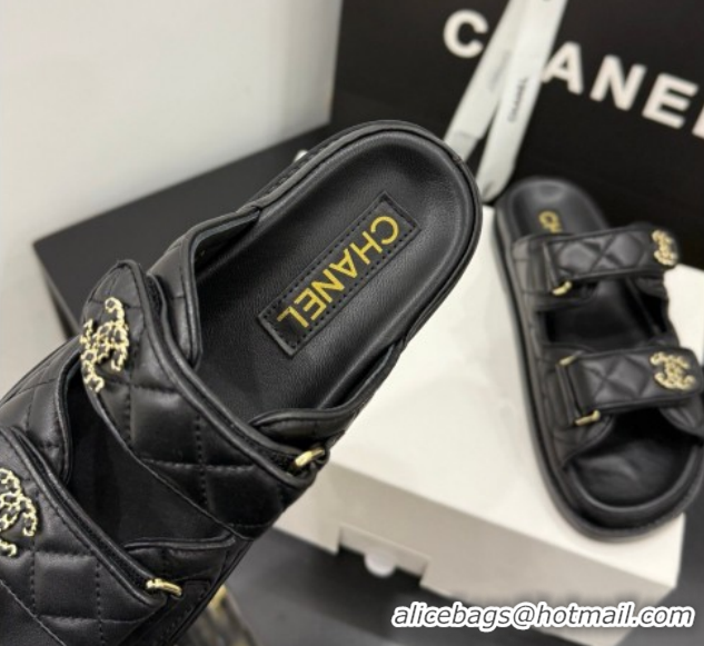Low Price Chanel Lambskin Leather Strap Flat Slides Sandal with Chain CC CH030614 Black 2026