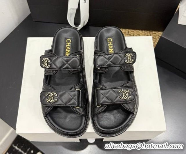 Low Price Chanel Lambskin Leather Strap Flat Slides Sandal with Chain CC CH030614 Black 2026