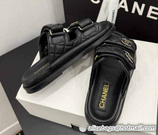 Low Price Chanel Lambskin Leather Strap Flat Slides Sandal with Chain CC CH030614 Black 2026
