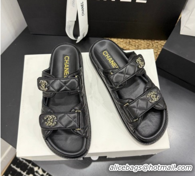 Low Price Chanel Lambskin Leather Strap Flat Slides Sandal with Chain CC CH030614 Black 2026