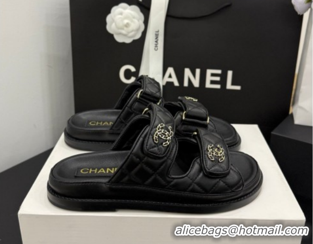 Low Price Chanel Lambskin Leather Strap Flat Slides Sandal with Chain CC CH030614 Black 2026
