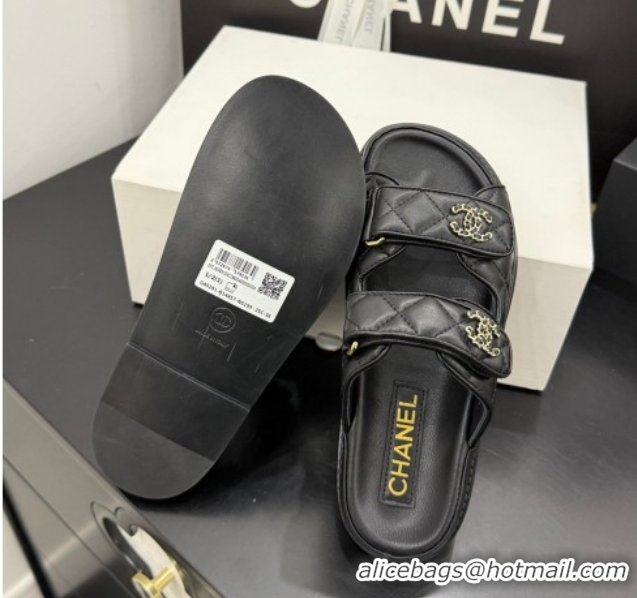 Low Price Chanel Lambskin Leather Strap Flat Slides Sandal with Chain CC CH030614 Black 2026