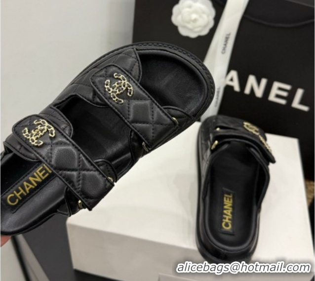 Low Price Chanel Lambskin Leather Strap Flat Slides Sandal with Chain CC CH030614 Black 2026