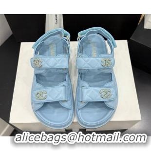 Buy Luxury Chanel Lambskin Leather Strap Flat Slides Sandal with Chain CC CH030614 Light Blue 2026