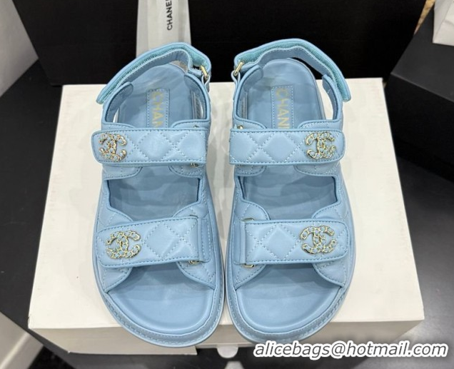 Buy Luxury Chanel Lambskin Leather Strap Flat Slides Sandal with Chain CC CH030614 Light Blue 2026