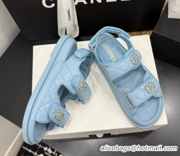 Buy Luxury Chanel Lambskin Leather Strap Flat Slides Sandal with Chain CC CH030614 Light Blue 2026
