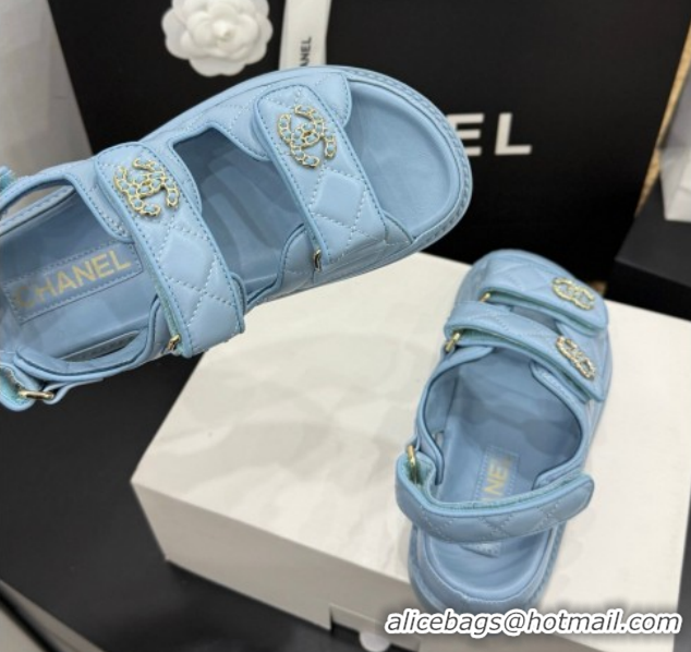 Buy Luxury Chanel Lambskin Leather Strap Flat Slides Sandal with Chain CC CH030614 Light Blue 2026