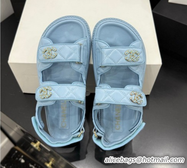 Buy Luxury Chanel Lambskin Leather Strap Flat Slides Sandal with Chain CC CH030614 Light Blue 2026