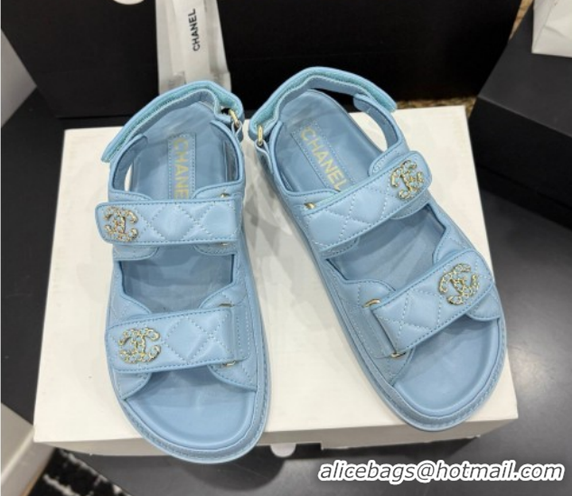 Buy Luxury Chanel Lambskin Leather Strap Flat Slides Sandal with Chain CC CH030614 Light Blue 2026