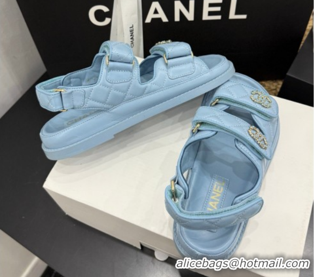 Buy Luxury Chanel Lambskin Leather Strap Flat Slides Sandal with Chain CC CH030614 Light Blue 2026