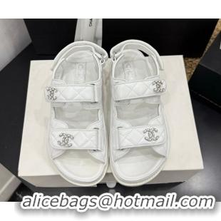 Buy Discount Chanel Lambskin Leather Strap Flat Slides Sandal with Chain CC CH030614 White 2026