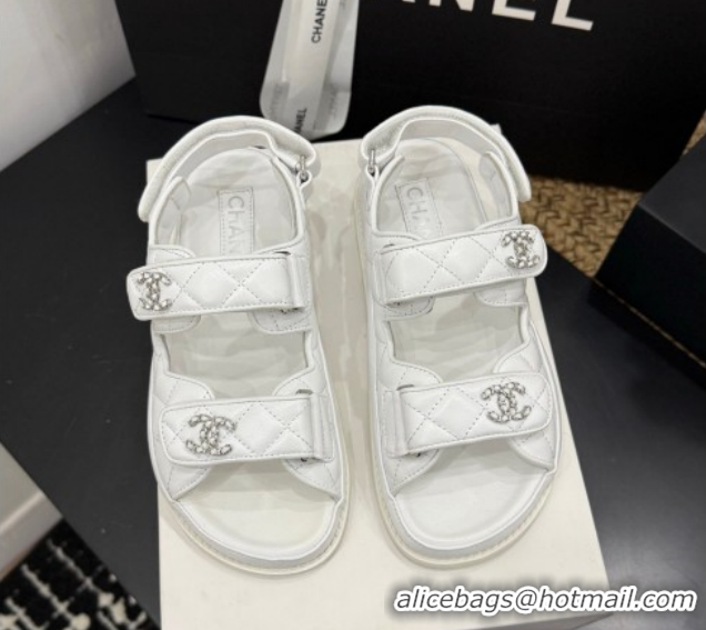 Buy Discount Chanel Lambskin Leather Strap Flat Slides Sandal with Chain CC CH030614 White 2026