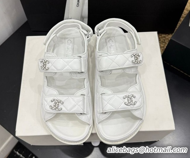 Buy Discount Chanel Lambskin Leather Strap Flat Slides Sandal with Chain CC CH030614 White 2026