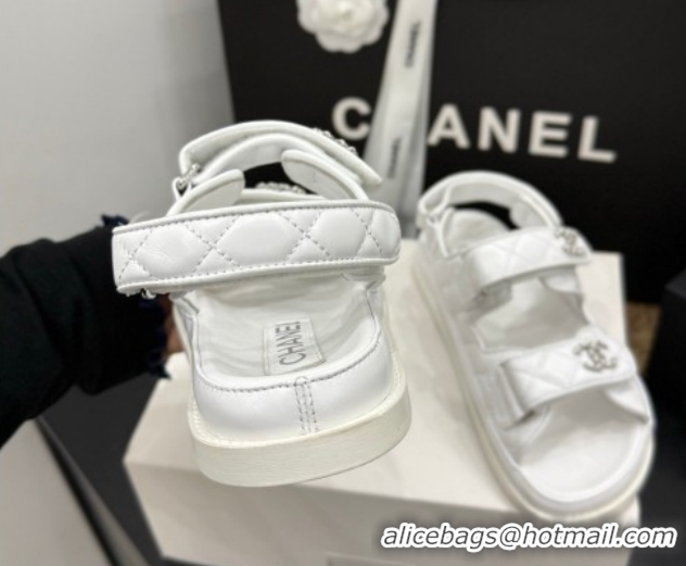 Buy Discount Chanel Lambskin Leather Strap Flat Slides Sandal with Chain CC CH030614 White 2026