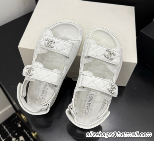 Buy Discount Chanel Lambskin Leather Strap Flat Slides Sandal with Chain CC CH030614 White 2026