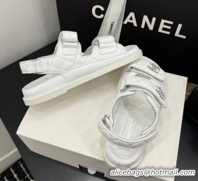Buy Discount Chanel Lambskin Leather Strap Flat Slides Sandal with Chain CC CH030614 White 2026