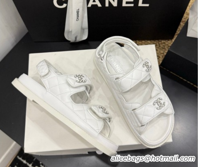 Buy Discount Chanel Lambskin Leather Strap Flat Slides Sandal with Chain CC CH030614 White 2026
